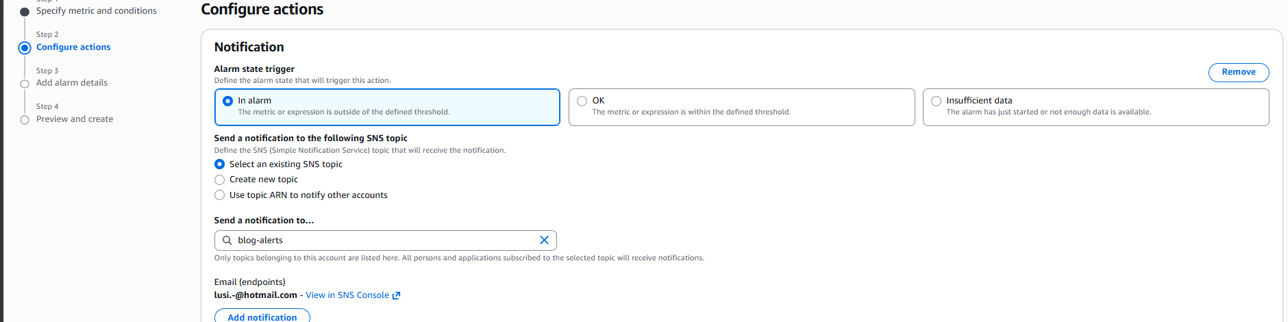 CloudWatch actions SNS